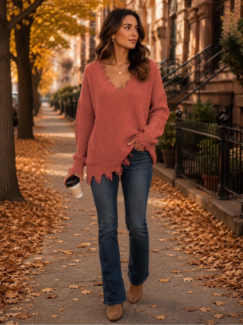 Zenana Frayed Hem Pink Sweater